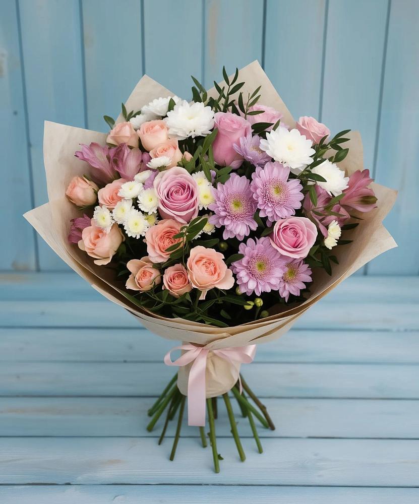 Букет цветов из: Хризантемы, Розы и Альстромерии в Усть-Донецком