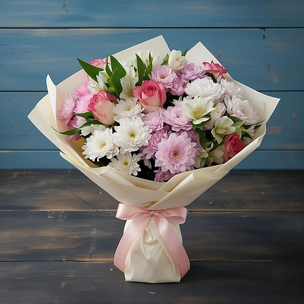 Букет цветов из: Хризантемы, Альстромерии и Розы в Усть-Донецком